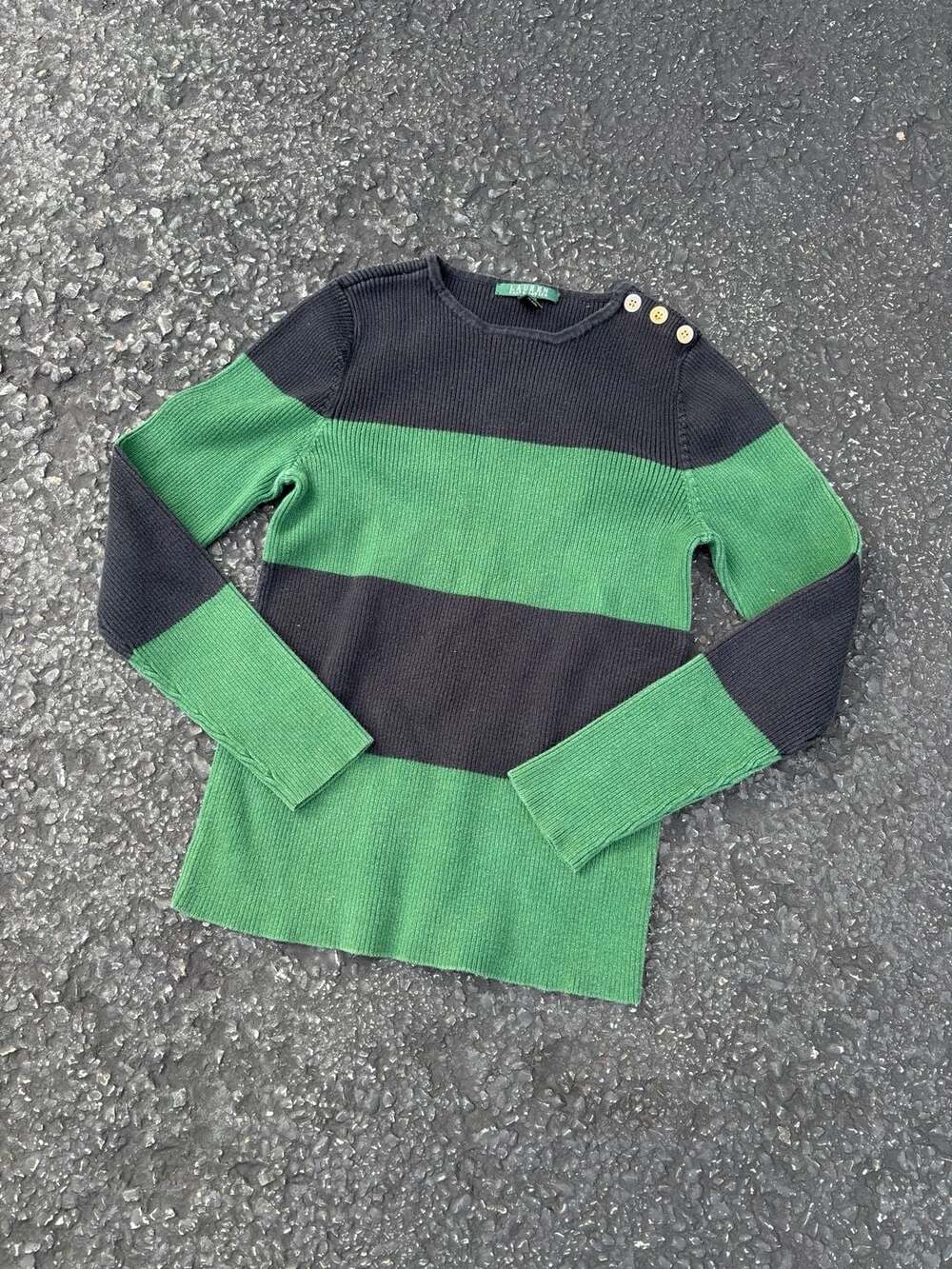 Lauren Ralph Lauren Ribbed Knit Pullover Sweater Green Black Women's Size L